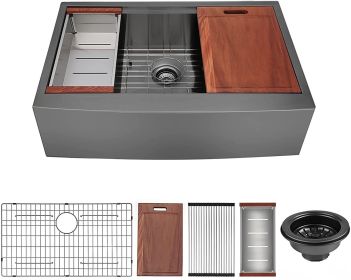30&quot; L X 21&quot; W Farmhouse Kitchen Sink -Matte Black Stainless Steel 30 in.Single Bowl Farmhouse Apron Workstation Kitchen Sink with Accessory