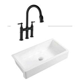 37&quot; L x 19&quot; W Farmhouse Kitchen Sink with kitchen faucet (Color: as pic)